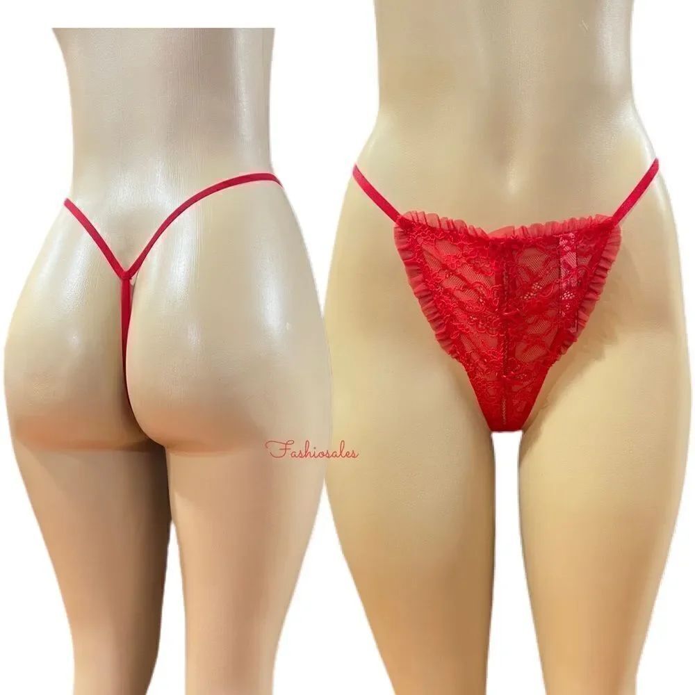 Victorias Secret Dream Angels Lace Ruffle Trim V String thong Panty Red